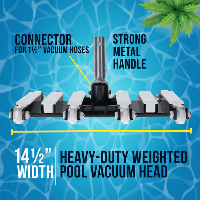 Manual Pool Vacuum Head for Inground Pools, Flexible, Extra-Wide, Weighted - 6 Weights, Connect 1.5" Hose, Metal Pole Handle - Swimming Cleaning Accessory Attachment, Vac Clean Debris
