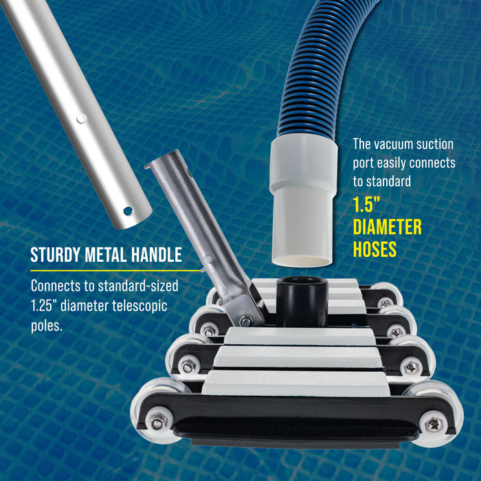 Manual Pool Vacuum Head for Inground Pools, Flexible, Extra-Wide, Weighted - 6 Weights, Connect 1.5" Hose, Metal Pole Handle - Swimming Cleaning Accessory Attachment, Vac Clean Debris