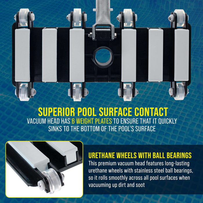 Manual Pool Vacuum Head for Inground Pools, Flexible, Extra-Wide, Weighted - 6 Weights, Connect 1.5" Hose, Metal Pole Handle - Swimming Cleaning Accessory Attachment, Vac Clean Debris