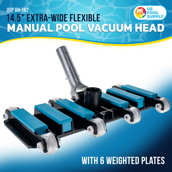 Manual Pool Vacuum Head for Inground Pools, Flexible, Extra-Wide, Weighted - 6 Weights, Blue, Connect 1.5" Hose, Metal Pole Handle - Swimming Cleaning Accessory Attachment, Vac Debris