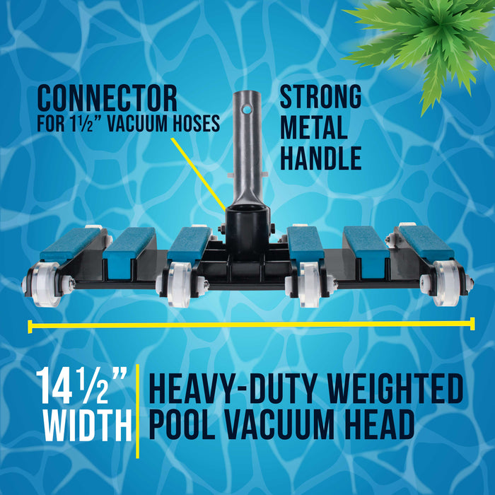 Manual Pool Vacuum Head for Inground Pools, Flexible, Extra-Wide, Weighted - 6 Weights, Blue, Connect 1.5" Hose, Metal Pole Handle - Swimming Cleaning Accessory Attachment, Vac Debris