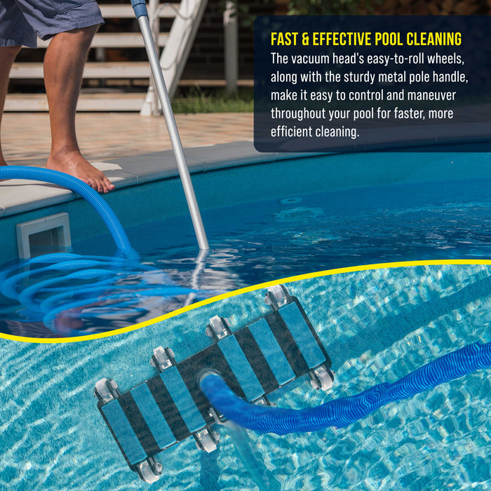 Manual Pool Vacuum Head for Inground Pools, Flexible, Extra-Wide, Weighted - 6 Weights, Blue, Connect 1.5" Hose, Metal Pole Handle - Swimming Cleaning Accessory Attachment, Vac Debris