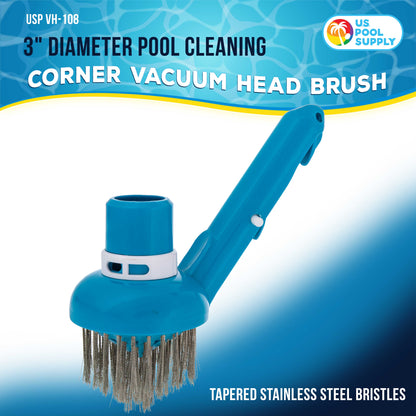 Corner Vacuum Head Brush with Stainless Steel Bristles, Adjustable Suction Ring - Scrub Remove Calcium Buildup, Rust Stains Concrete
