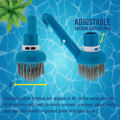 Corner Vacuum Head Brush with Stainless Steel Bristles, Adjustable Suction Ring - Scrub Remove Calcium Buildup, Rust Stains Concrete