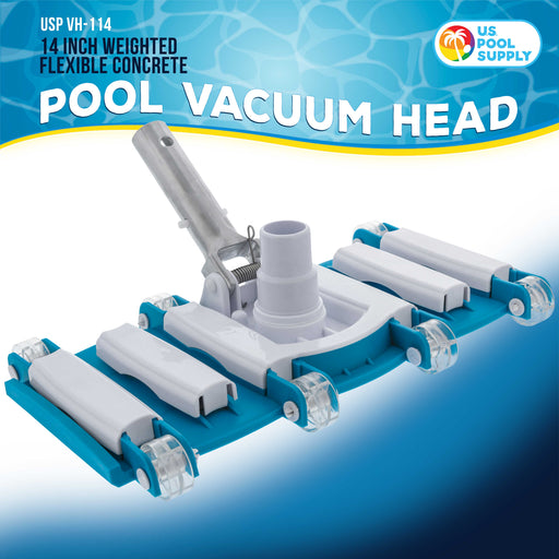 14" Weighted Flexible Concrete Swimming Pool Vacuum Head, Swivel Hose Connection & Aluminum Spring Action Pole Handle - Connect 1-1/4" or 1-1/2" Hose