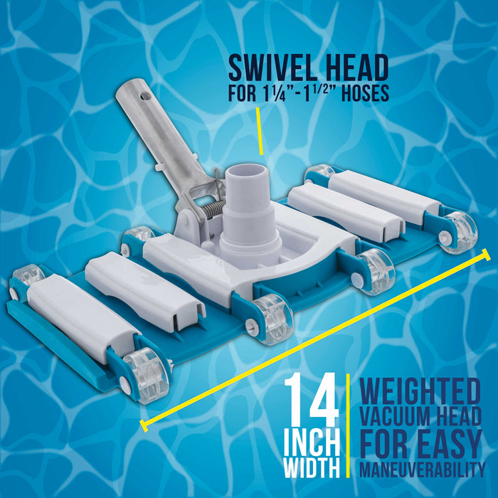 U.S. Pool Supply® 14" Weighted Flexible Concrete Swimming Pool Vacuum Head, Swivel Hose Connection & Aluminum Spring Action Pole Handle - Connect 1-1/4" or 1-1/2" Hose