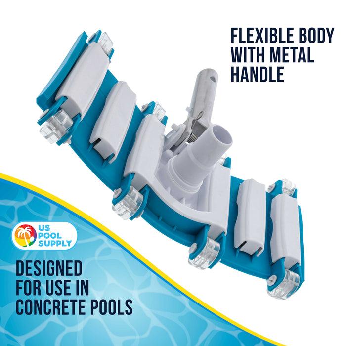 14" Weighted Flexible Concrete Swimming Pool Vacuum Head, Swivel Hose Connection & Aluminum Spring Action Pole Handle - Connect 1-1/4" or 1-1/2" Hose