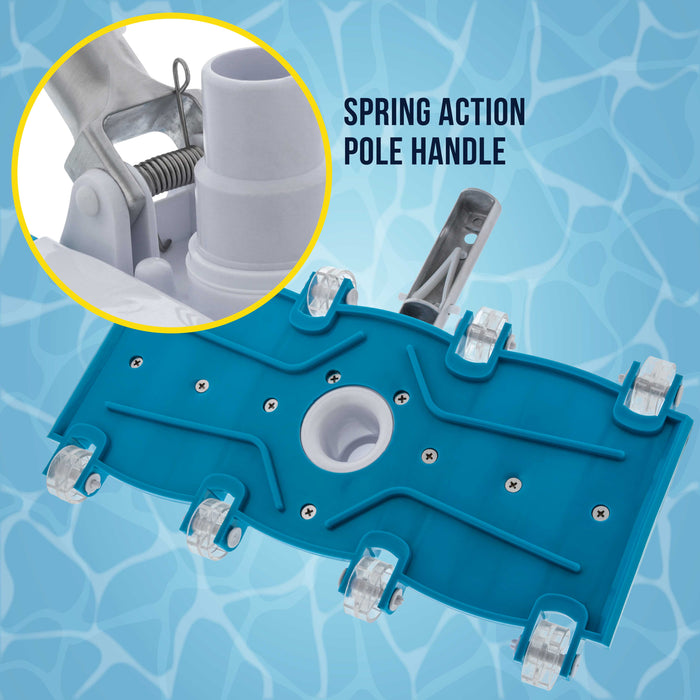 U.S. Pool Supply® 14" Weighted Flexible Concrete Swimming Pool Vacuum Head, Swivel Hose Connection & Aluminum Spring Action Pole Handle - Connect 1-1/4" or 1-1/2" Hose