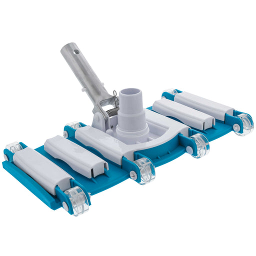 14" Weighted Flexible Concrete Swimming Pool Vacuum Head, Swivel Hose Connection & Aluminum Spring Action Pole Handle - Connect 1-1/4" or 1-1/2" Hose