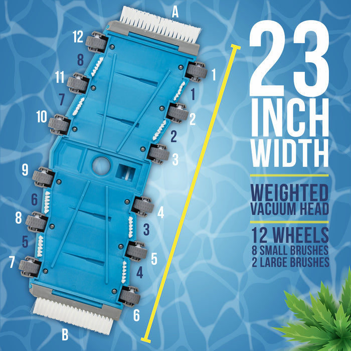 U.S. Pool Supply® 19" Heavy Duty Weighted Flexible Concrete Swimming Pool Vacuum Head with Side Brushes and Metal EZ Clip Handle - Professional Commercial Grade