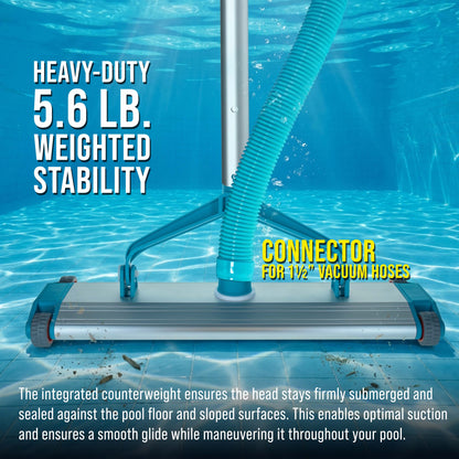 Heavy-Duty 17.5" Weighted Pool Vacuum Head with Aluminum Body - 5.6 lb Manual Inground Vacuum Head, Scrub Bristles, 1-1/2" Swivel Hose Connection