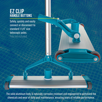 Heavy-Duty 17.5" Weighted Pool Vacuum Head with Aluminum Body - 5.6 lb Manual Inground Vacuum Head, Scrub Bristles, 1-1/2" Swivel Hose Connection