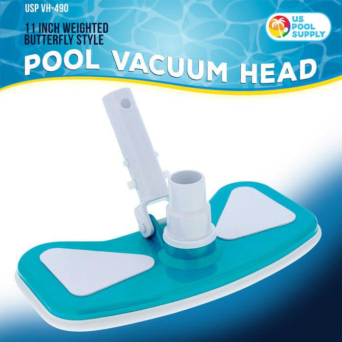 U.S. Pool Supply® 11" Weighted Butterfly Pool Vacuum Head with Swivel Hose Connection & EZ Clip Handle - Connect 1-1/4" or 1-1/2" Hose - Removes Debris, Cleans Floors