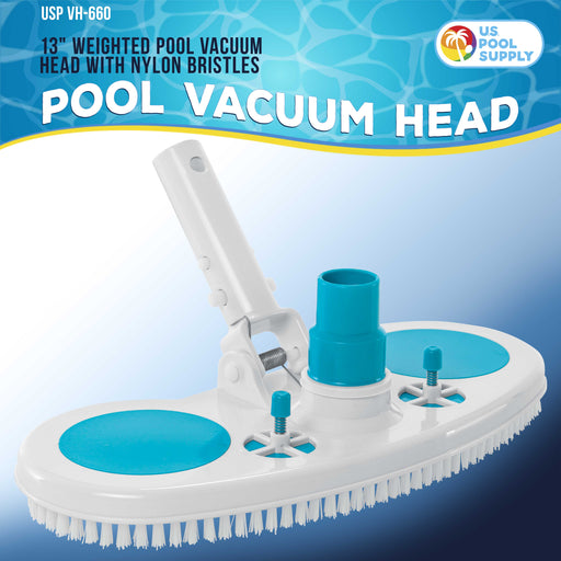 U.S. Pool Supply® 13" Weighted Pool Vacuum Head with Nylon Bristles, Swivel Hose Connection, EZ Clip Handle - Connect 1-1/4" or 1-1/2" Hose - Cleans & Remove Debris