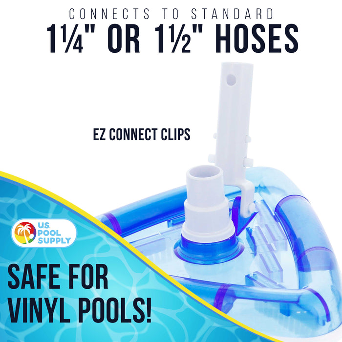 U.S. Pool Supply® Weighted Transparent Triangular Pool Vacuum Head, Swivel Hose Connection & EZ Clip Handle, Connect 1-1/4" or 1-1/2" Hose, Remove Debris Clean Corners