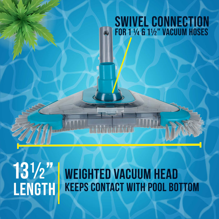 U.S. Pool Supply Premium Triangular Weighted Pool Vacuum Head with Side Brushes, Swivel Connection, EZ Clip Handle - Above Ground & Inground Pools