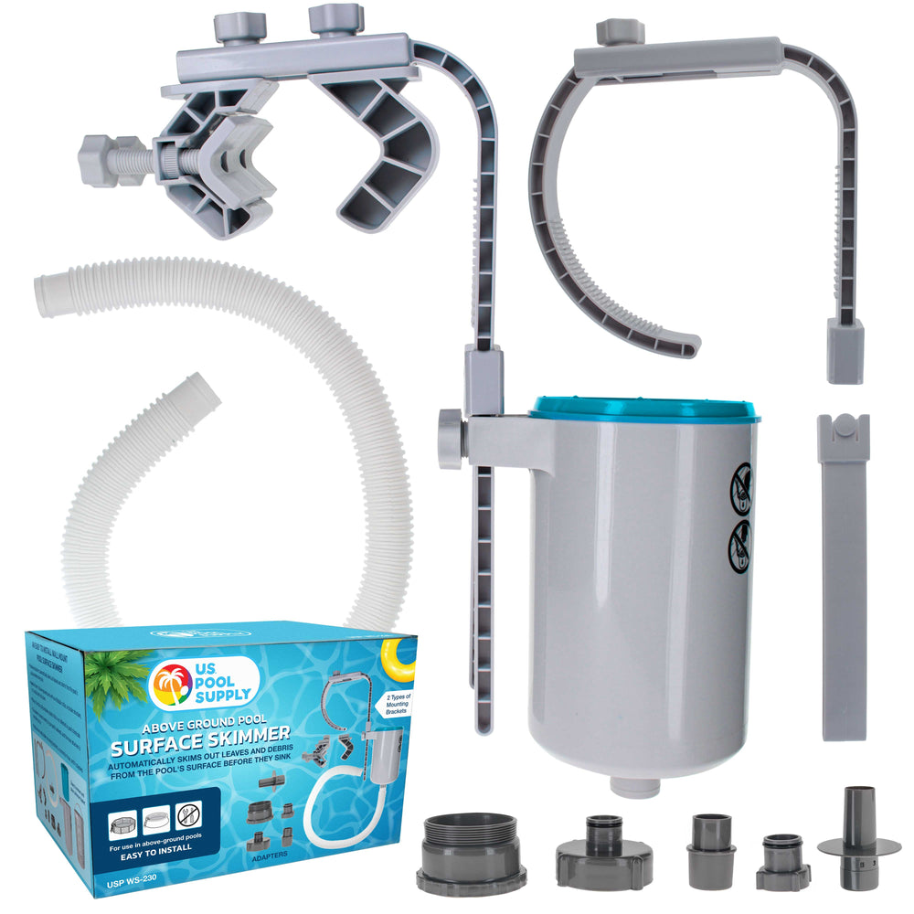 Pool Skimmer - Above Ground Pool Skimmer, Floating Surface Skimmer, 5 Adapters, Pool Accessories - Clean Debris Basket, Wall Mount, Attach to Inflatable Collars, Tubular, Metal Frames