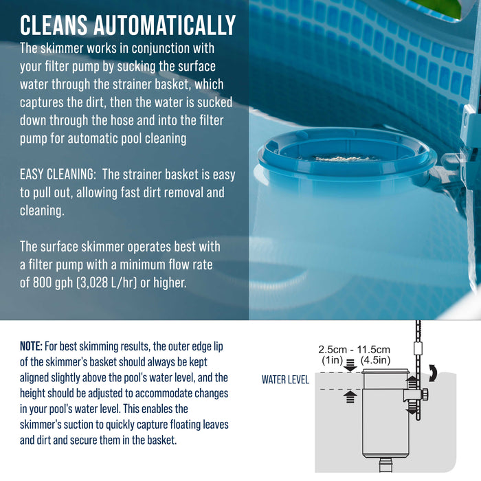 Pool Skimmer - Above Ground Pool Skimmer, Floating Surface Skimmer, 5 Adapters, Pool Accessories - Clean Debris Basket, Wall Mount, Attach to Inflatable Collars, Tubular, Metal Frames