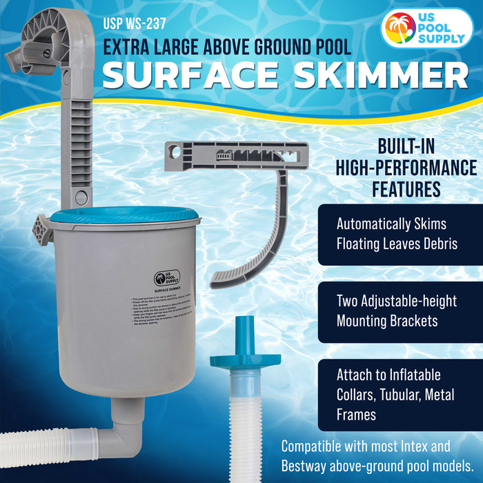 Above Ground Pool Skimmer, Wall Mount Surface Skimmer - Automatically Skims Floating Leaves Debris - Extra-Large Collection Basket