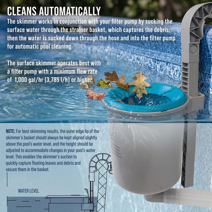 Above Ground Pool Skimmer, Wall Mount Surface Skimmer - Automatically Skims Floating Leaves Debris - Extra-Large Collection Basket