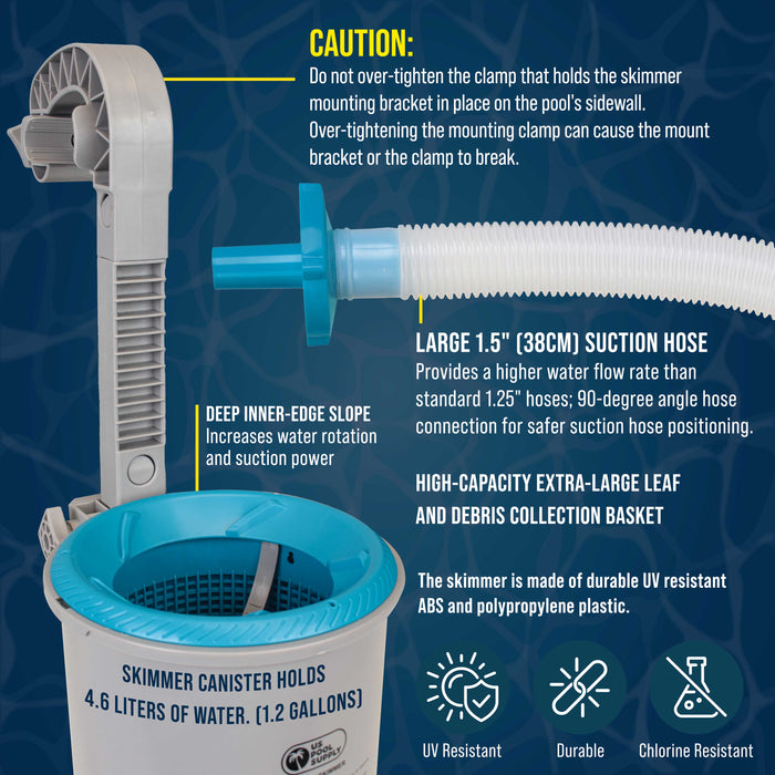 Above Ground Pool Skimmer, Wall Mount Surface Skimmer - Automatically Skims Floating Leaves Debris - Extra-Large Collection Basket