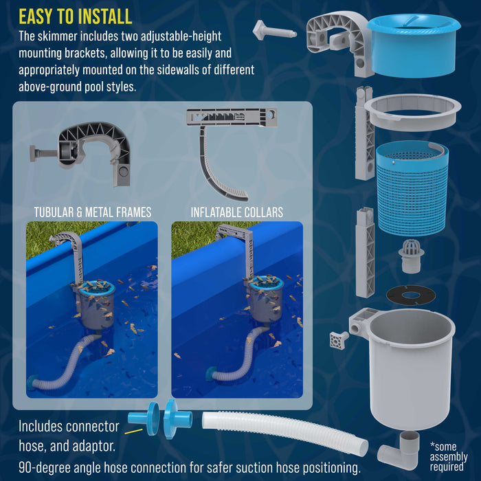 Above Ground Pool Skimmer, Wall Mount Surface Skimmer - Automatically Skims Floating Leaves Debris - Extra-Large Collection Basket
