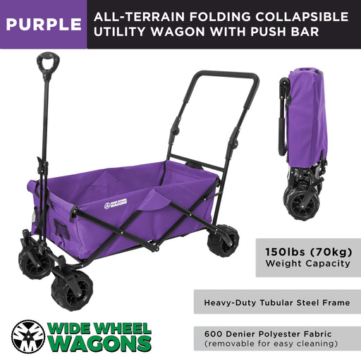 Purple Wide Wheel Wagon All-Terrain Folding Collapsible Utility Wagon with Push Bar - Portable Rolling Heavy Duty 150 Lbs Capacity Canvas Fabric Cart