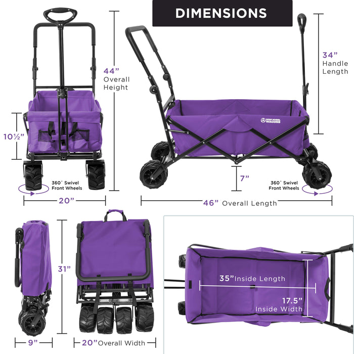 Purple Wide Wheel Wagon All-Terrain Folding Collapsible Utility Wagon with Push Bar - Portable Rolling Heavy Duty 150 Lbs Capacity Canvas Fabric Cart