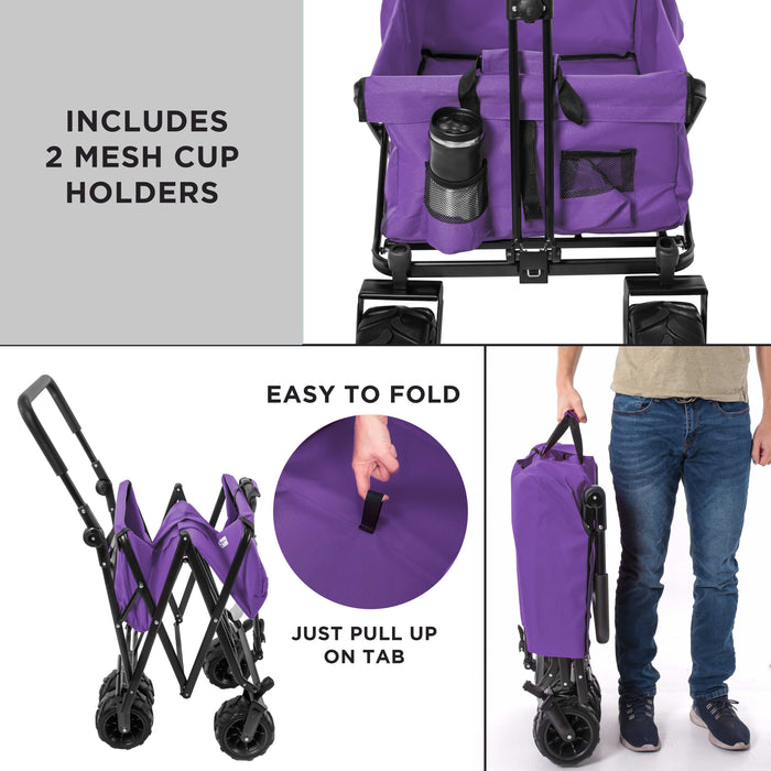 Purple Wide Wheel Wagon All-Terrain Folding Collapsible Utility Wagon with Push Bar - Portable Rolling Heavy Duty 150 Lbs Capacity Canvas Fabric Cart