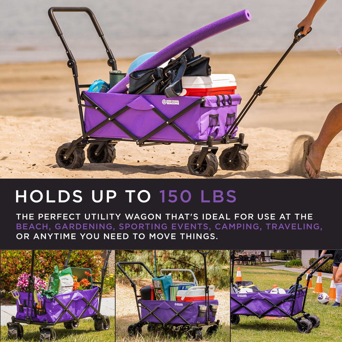 Purple Wide Wheel Wagon All-Terrain Folding Collapsible Utility Wagon with Push Bar - Portable Rolling Heavy Duty 150 Lbs Capacity Canvas Fabric Cart