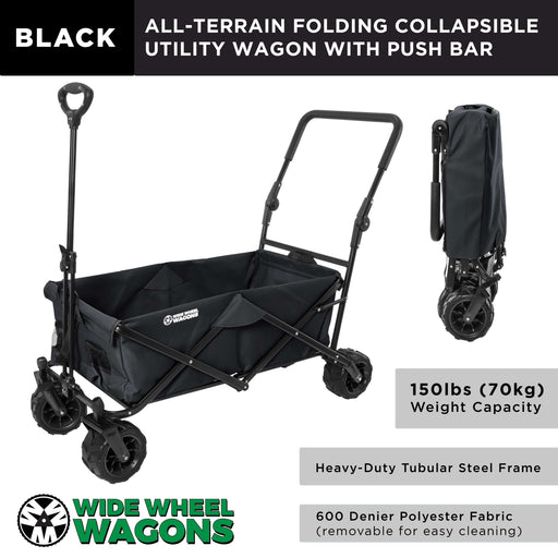 Black Wide Wheel Wagon All-Terrain Folding Collapsible Utility Wagon with Push Bar - Portable Rolling Heavy Duty 150 Lbs Capacity Canvas Fabric Cart