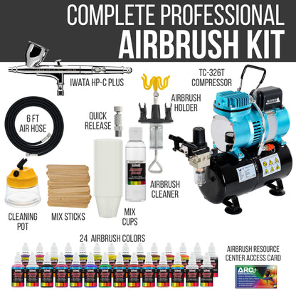 High Performance Plus HP-C Plus Airbrush Kit with Cool Runner II Dual Fan Air Tank Compressor, 24 Color Airbrush Paint Set and Accessories Set