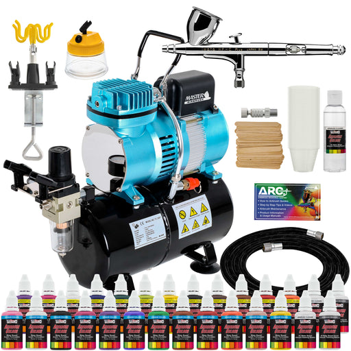 Iwata High Performance Plus HP-C Plus Airbrush Kit with Cool Runner II Dual Fan Air Tank Compressor, 24 Color Airbrush Paint Set and Accessories Set
