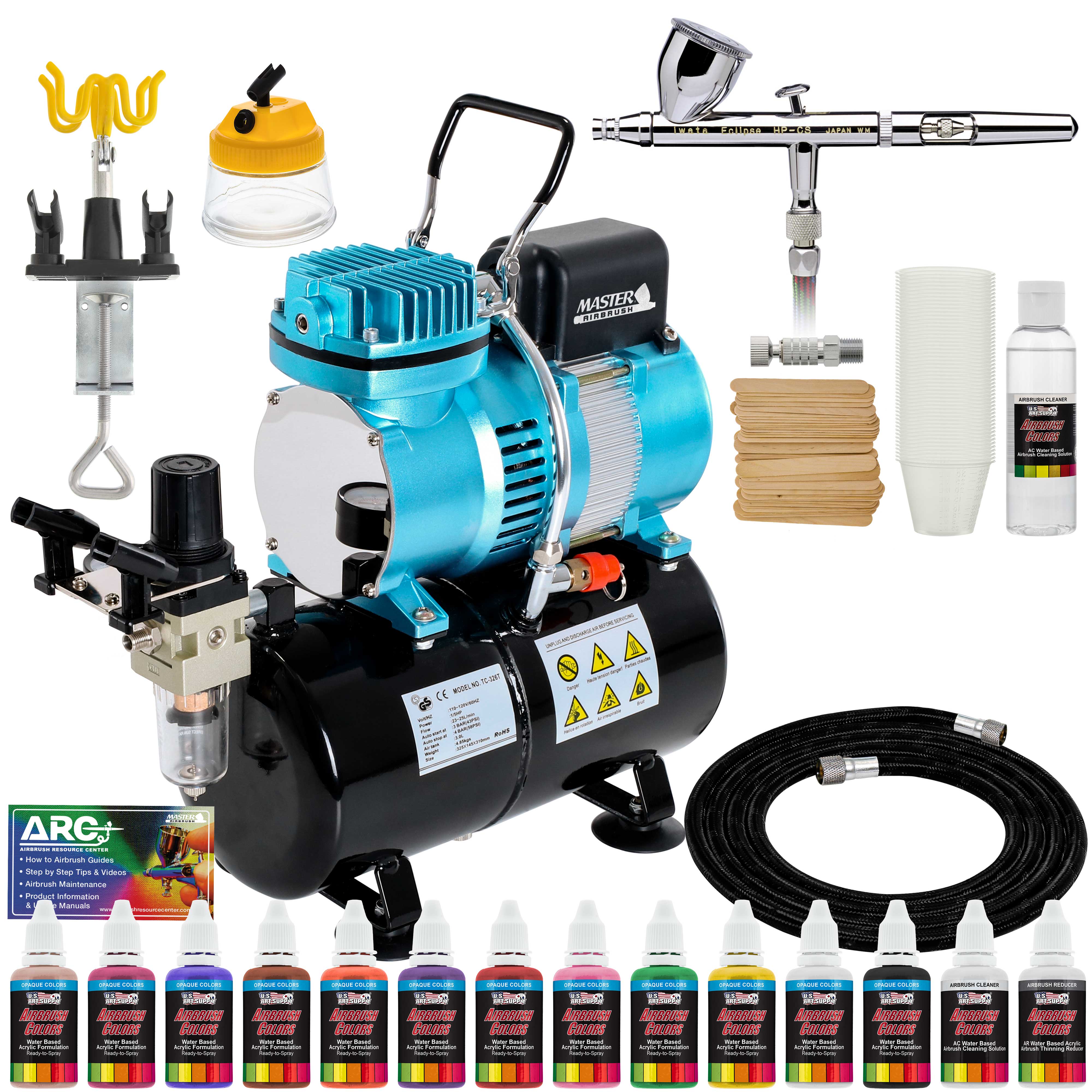 Eclipse HP CS Airbrush with Dual Fan Air Tank Compressor, 12 Color