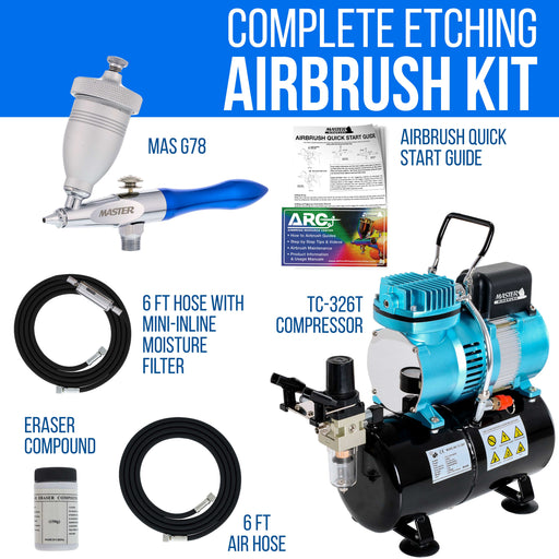 Single-Action Gravity Feed Etching & Abrasive G78 Airbrush Kit with High Performance Airbrush Air Compressor with Air Storage Tank