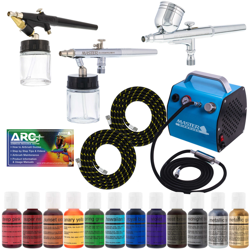 Cake Decorating 3 Airbrush Kit with G22, S68, E91 Airbrushes, Quiet High Performance Compact Airbrush Compressor, 2 Hoses & 12 Color Food Coloring Set