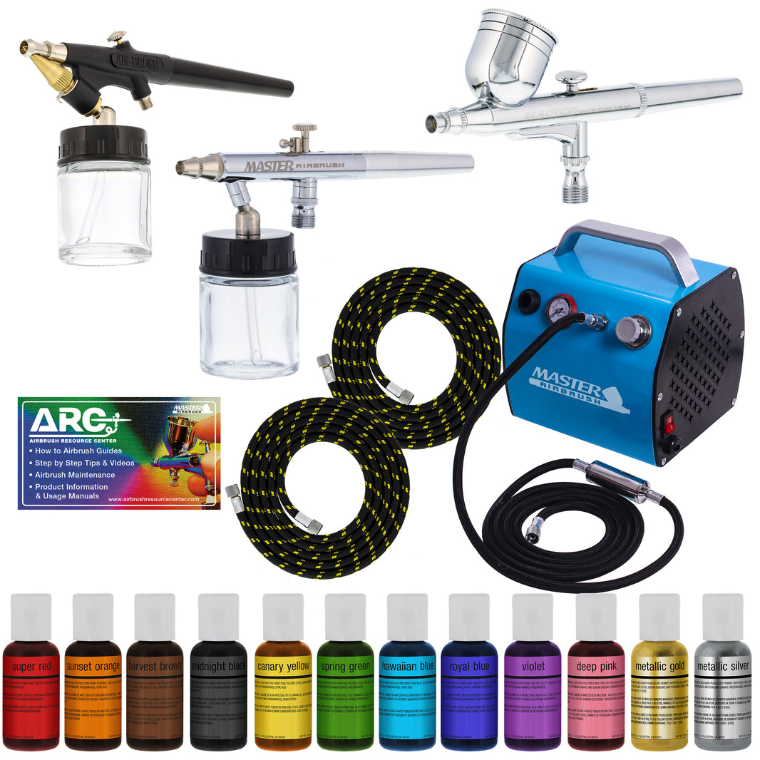 Cake Airbrush Decorating Kit with 3 Airbrushes, Compressor, and 12 Food Colors - Air Brush for Cake Decoration & Cookie Airbrush Kit