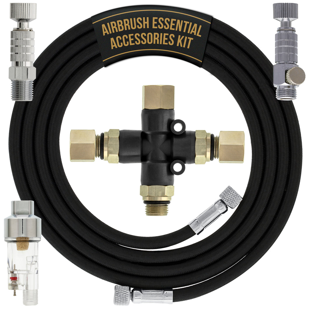 Essential Accessories Kit with 6 ft. Braided Airbrush Hose, Mini Inline Filter, Quick Disconnect, Airflow Adjustment Couplers, and
