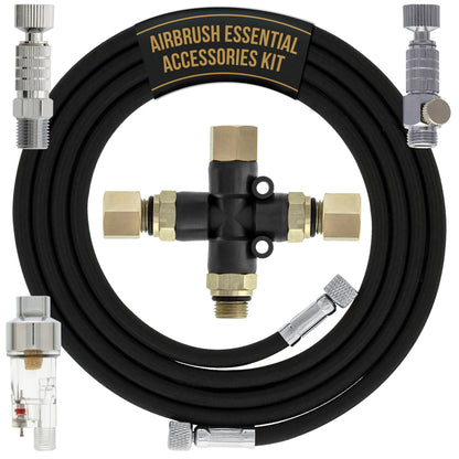 Essential Accessories Kit with 6 ft. Braided Airbrush Hose, Mini Inline Filter, Quick Disconnect, Airflow Adjustment Couplers, and
