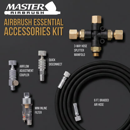 Essential Accessories Kit with 6 ft. Braided Airbrush Hose, Mini Inline Filter, Quick Disconnect, Airflow Adjustment Couplers, and