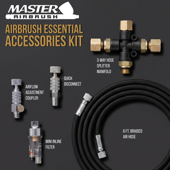 Master Airbrush Essential Accessories Kit with 6 ft. Braided Airbrush Hose, Mini Inline Filter, Quick Disconnect, Airflow Adjustment Couplers, and