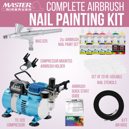 Nail Decorating System - 12 Color Nail Paint Kit with Compressor, Airbrush, 100 Plus Stencil Designs and How to Airbrush Training Book