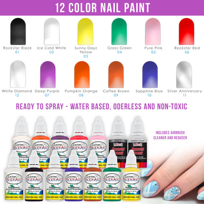 Nail Decorating System - 12 Color Nail Paint Kit with Compressor, Airbrush, 100 Plus Stencil Designs and How to Airbrush Training Book
