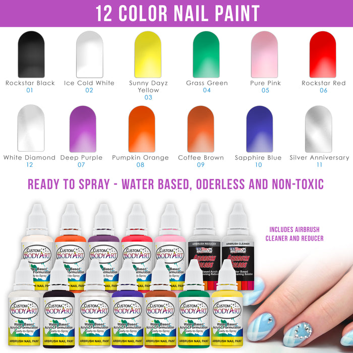 Master Airbrush Nail Decorating System - 12 Color Nail Paint Kit with Compressor, Airbrush, 100 Plus Stencil Designs and How to Airbrush Training Book