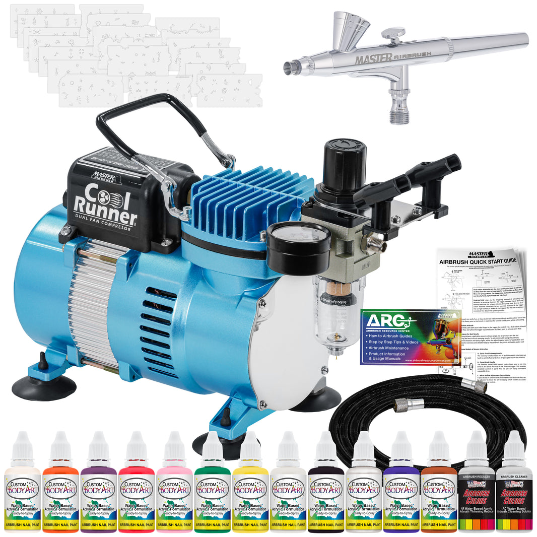 Nail Decorating System - 12 Color Nail Paint Kit with Compressor, Airbrush, 100 Plus Stencil Designs and How to Airbrush Training Book