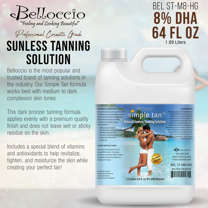 1/2 Gallon of Belloccio Simple Tan Professional Salon Sunless Tanning Solution with 8% DHA and Medium Bronzer Color Guide