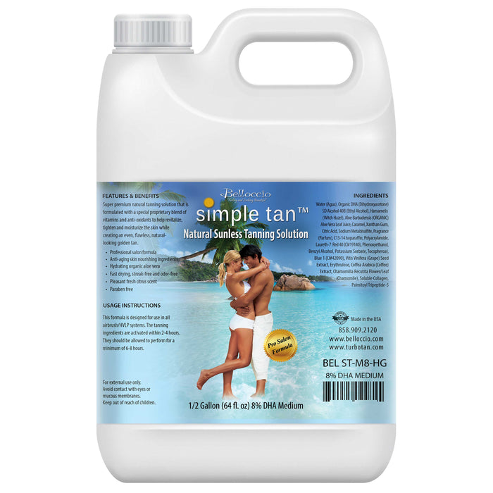 1/2 Gallon of Belloccio Simple Tan Professional Salon Sunless Tanning Solution with 8% DHA and Medium Bronzer Color Guide