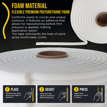 Soft Edge Foam Masking Tape, 1/2" x 55 Yards (13mm x 50m), White, Automotive Aperture Sealing Tape