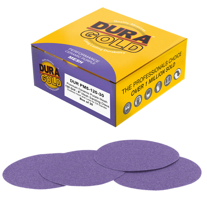 Premium 120 Grit 5" Purple Ceramic Mesh Sanding Discs, Box of 30 - Dustless Hook & Loop Backing Sandpaper for DA & Random Orbital Sanders - Long-Lasting Fast Cut