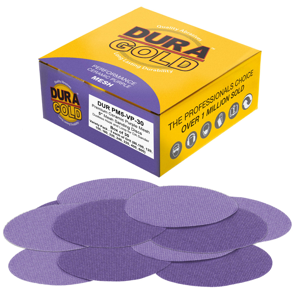 Premium 5" Purple Ceramic Mesh Sanding Discs, 30 Disc Variety Pack, Grits 80, 100, 120, 150, 180, 220, 240, 320, 400, 600 - Dustless Hook & Loop Backing Sandpaper, DA & Random Orbital Sander
